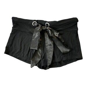 Pink Lipstick Black Satin Tie Micro Shorts Size M Sequin Pockets & Ruched Back